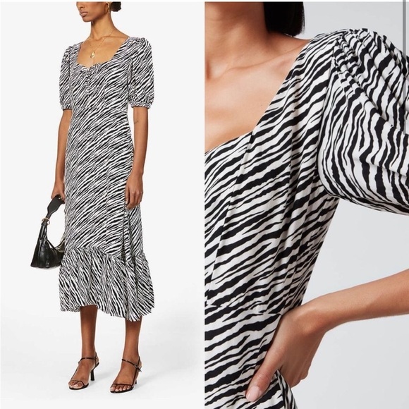 Faithfull The Brand Gabriela Zebra Stripe Black White Puff Sleeve Midi Dress M - Picture 2 of 10